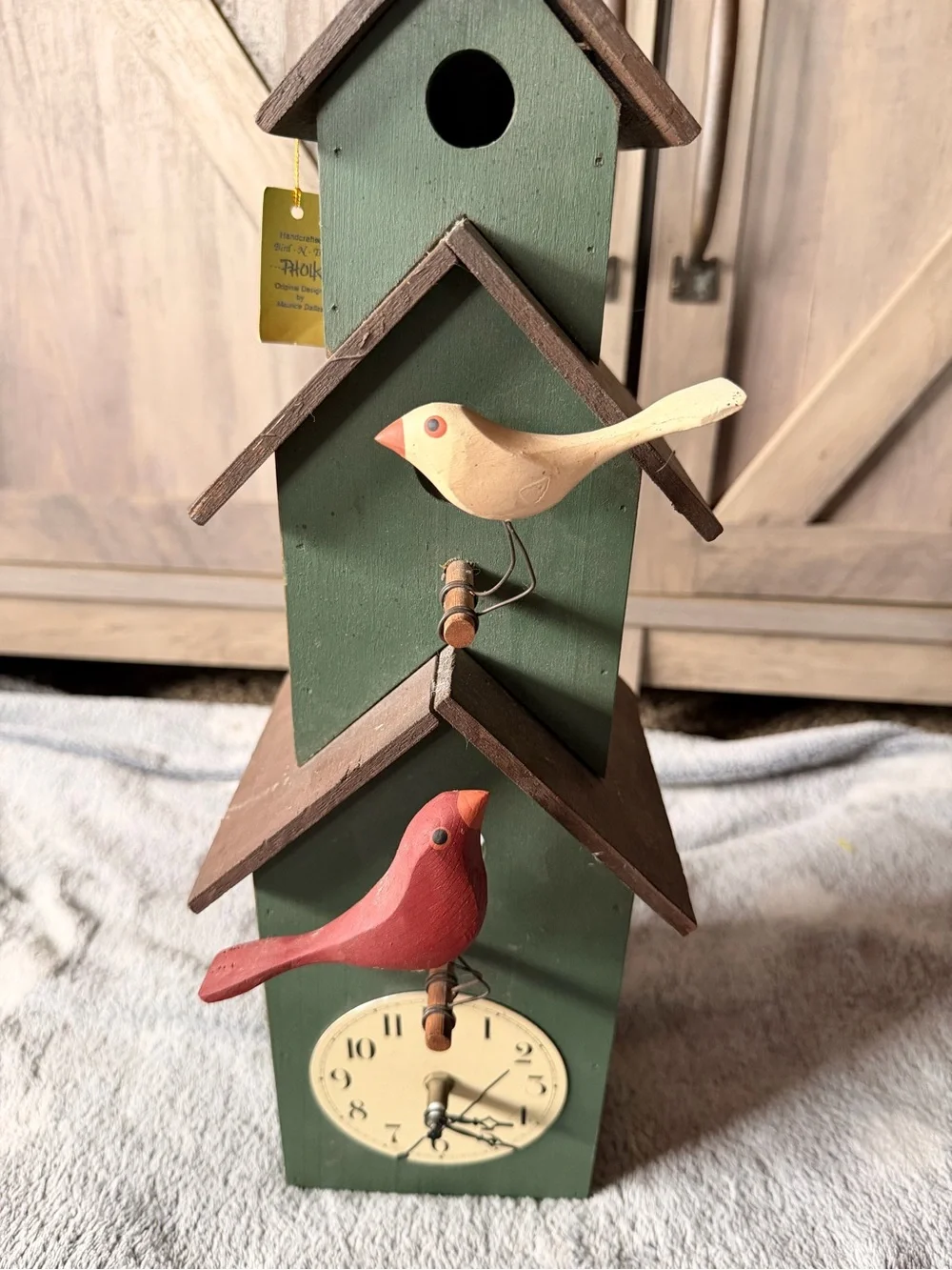 Decorative Green Birdhouse Wall Clock with Red & Cream Birds